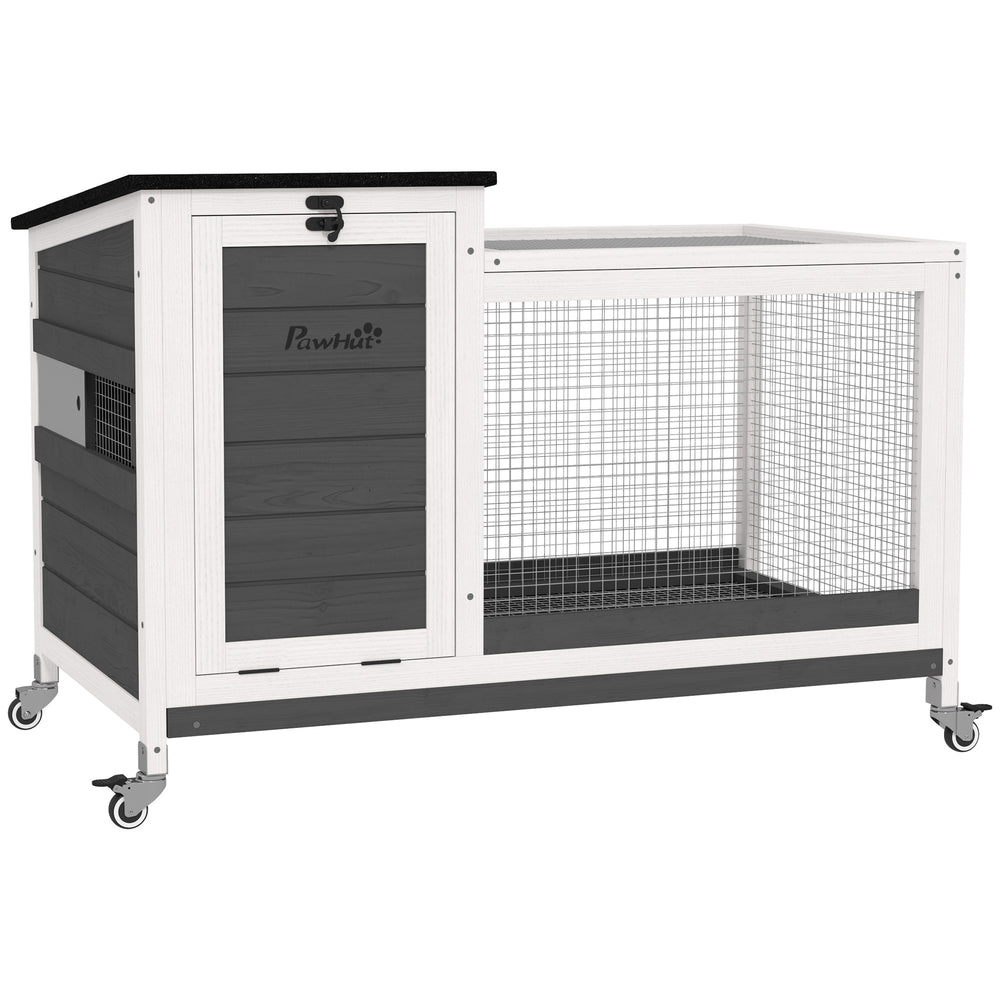 Wooden hutch with removable tray and asphalt lift-up roof, grey