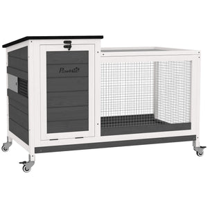 Wooden hutch with removable tray and asphalt lift-up roof, grey