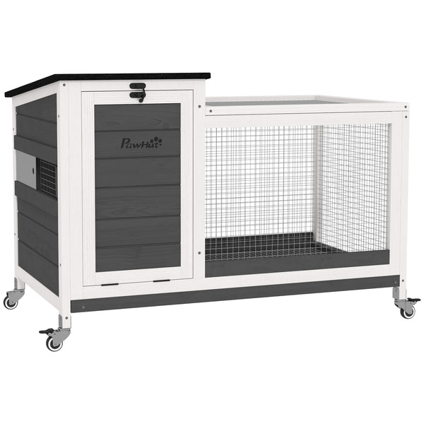 Wooden hutch with removable tray and asphalt lift-up roof, grey