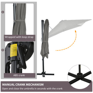 8-foot square cantilever parasol with 360° rotation, made of aluminum, light grey