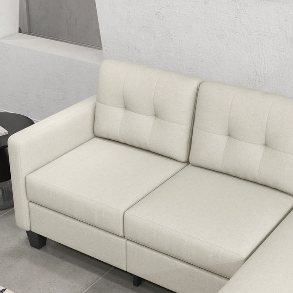 3-seater L-shaped corner sofa with ottoman, thick cushion and wooden legs, beige