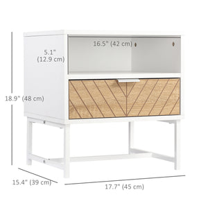 Modern bedside table with drawer and storage shelf, white and oak