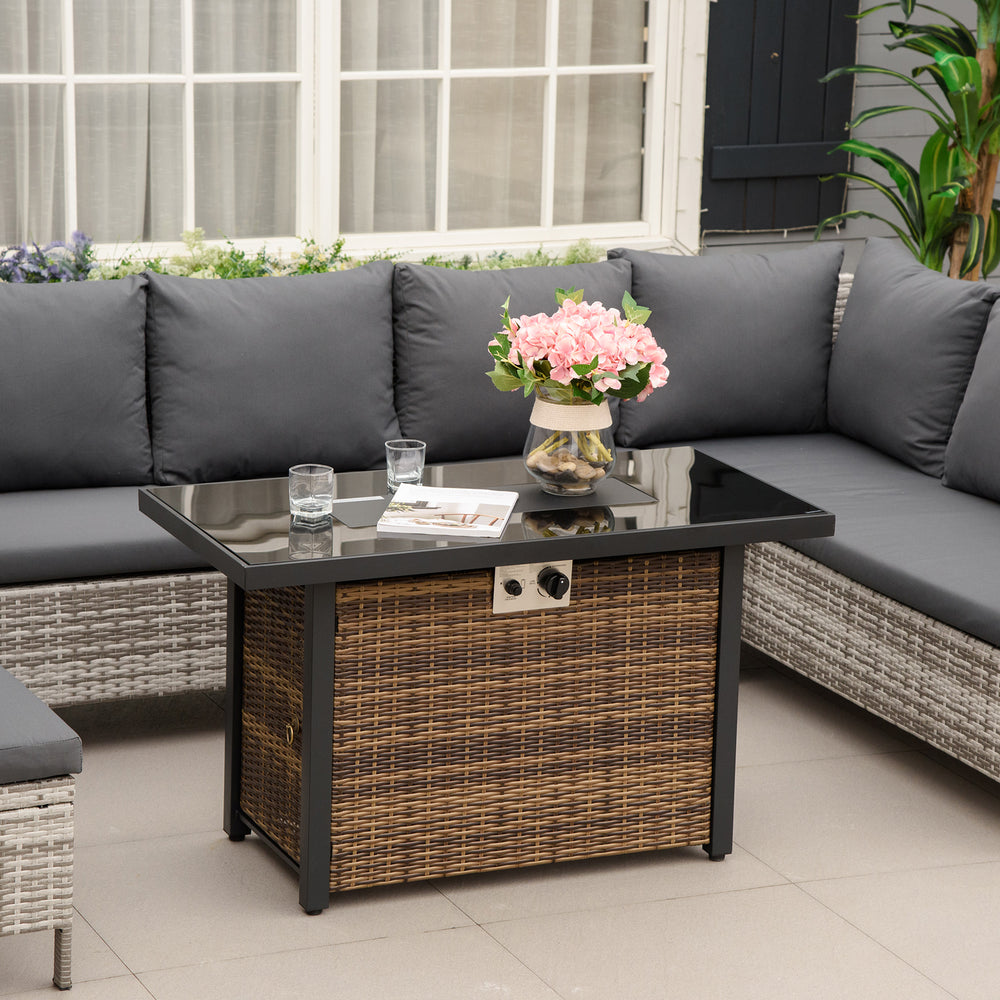 Outdoor Propane Gas Fire Pit Table, 50,000 BTU Electric Ignition Gas Firepit with Glass Cover, Black Glass Tabletop and CSA Certification, Brown