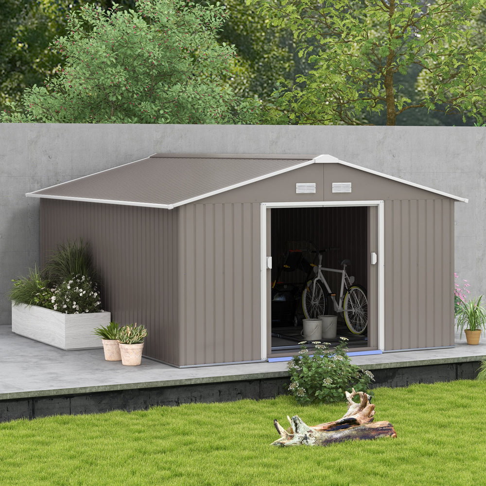 Practical garden shed with double sliding doors, light grey