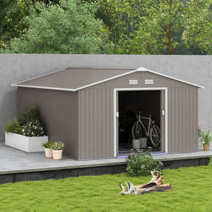 Practical garden shed with double sliding doors, light grey