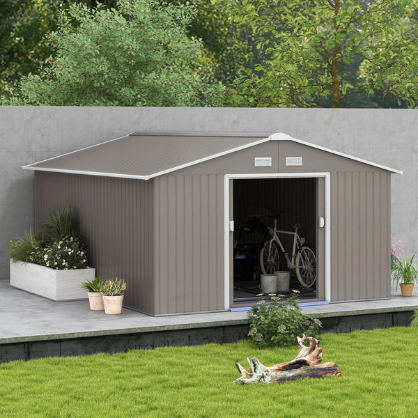 Practical garden shed with double sliding doors, light grey