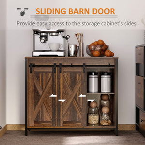 Industrial buffet with sliding barn doors, rustic brown color.