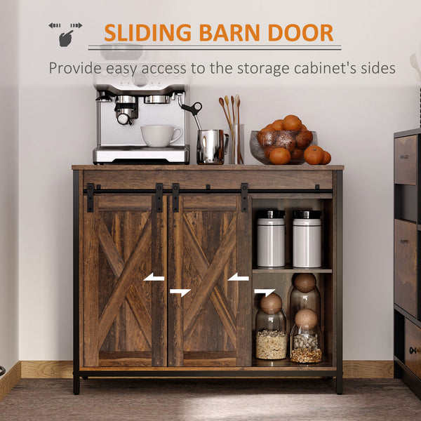 Industrial buffet with sliding barn doors, rustic brown color.