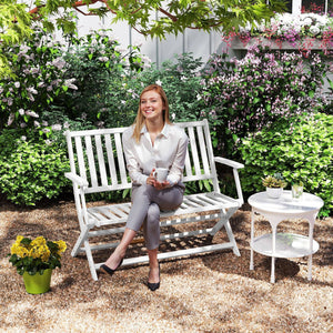 Folding wooden outdoor bench with backrest and armrests, white