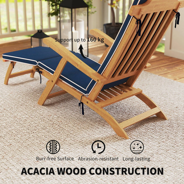 Folding Sun Lounger with Padded Cushion, Acacia Wood Recliner with Footrest for Garden, Navy Blue