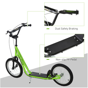 Scooter with 16-inch inflatable wheels and double brakes, green