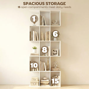 S-shaped 5-tier bookcase with 15 compartments, white wood look