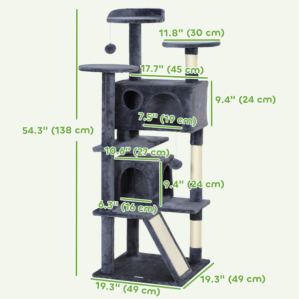 54-inch Multi-Level Cat Tree with Scratching Posts, Condos, Bed, Dark Gray
