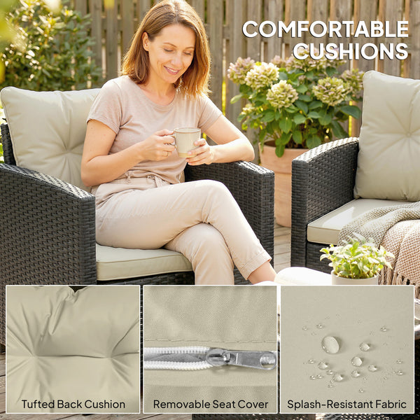 3-Piece Woven Resin Patio Furniture Set with Two-Tier Table and Glass Top, Beige