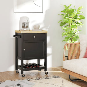 Kitchen island on wheels with wooden top, towel rack, drawer and shelf, black