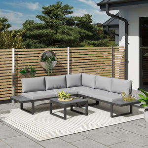4-piece garden furniture set, 5-position reclining corner sofa, grey