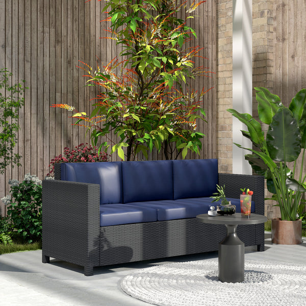 Canapé 3 places en rotin et osier pour jardin extérieur avec coussins bleu marine – mobilier de terrasse élégant et confortable