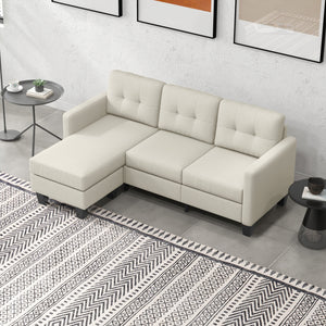 Canapé d’angle en L 3 places beige avec pouf, coussin épais et pieds en bois – mobilier confortable pour salon moderne