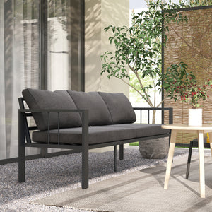 Canapé d'extérieur 3 places en aluminium gris foncé avec coussins épais, assise large et accoudoirs, idéal pour une terrasse ou un jardin contemporain