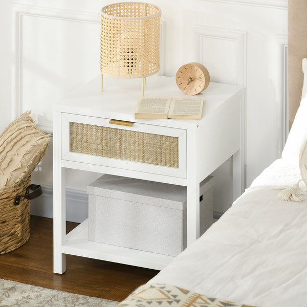 Bohemian bedside table with rattan drawer and open shelf