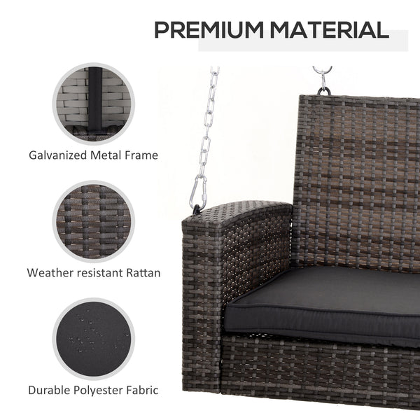 Hanging swing for 2 people in rattan with cushion and steel chains, grey