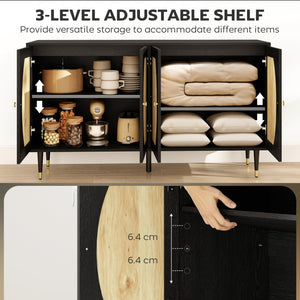 Bohemian storage sideboard with adjustable shelves, soft-close doors and rattan front, black