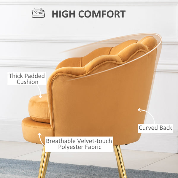 Lotus accent chair in velvet fabric with gold metal legs, yellow