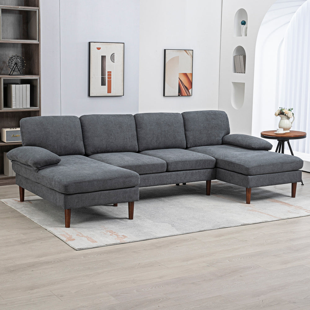 Modern 4 seater sofa with wooden legs, dark grey