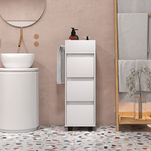 Narrow storage cabinet with 3 drawers, 4 compartments and towel rack – White