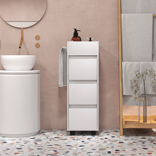 Narrow storage cabinet with 3 drawers, 4 compartments and towel rack – White
