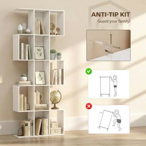 S-shaped 5-tier bookcase with 15 compartments, white wood look