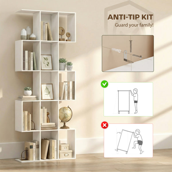 S-shaped 5-tier bookcase with 15 compartments, white wood look