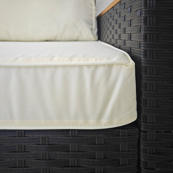 3 Seater Outdoor Sofa with Cushions, Synthetic Rattan Patio Sofa with Faux Wood Armrests, Cream White