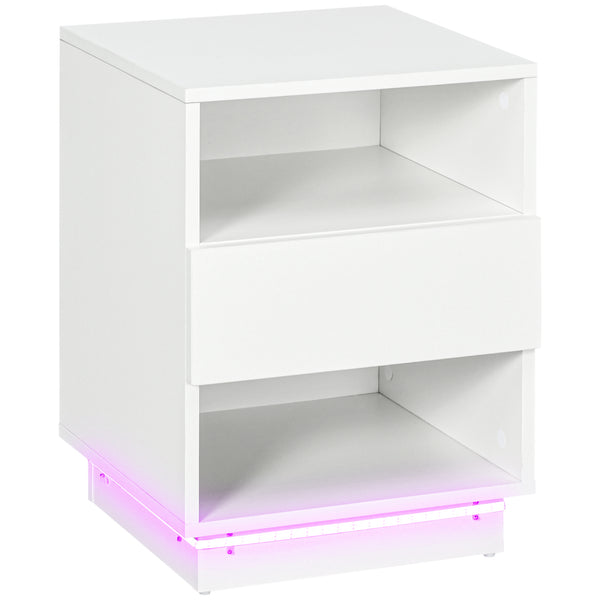 Bedside table with LED lighting and remote control, white