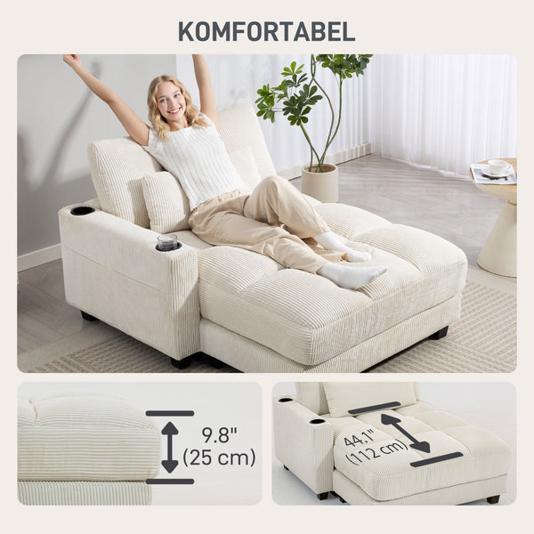 Cream white corduroy recliner armchair with cup holders and pocket springs