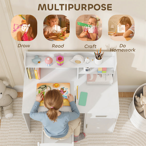 Desk and chair set with storage, drawer, cabinet, compartments and cork board