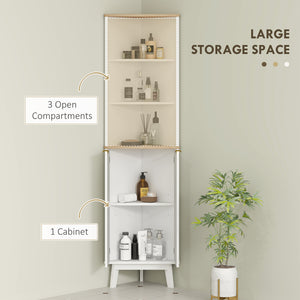 Bathroom cabinet 170 cm high, narrow storage unit with curved profile and adjustable shelves, white