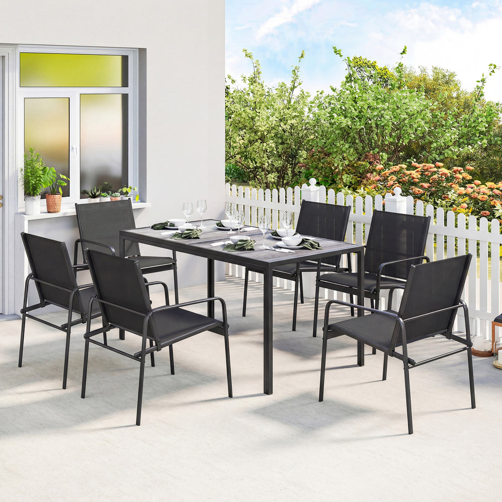 Outdoor dining set for 6 people, faux wood patio table and chairs with breathable mesh seats, galvanized steel frame, black 