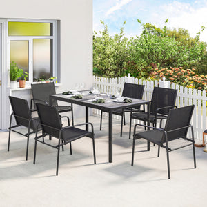Outdoor dining set for 6 people, faux wood patio table and chairs with breathable mesh seats, galvanized steel frame, black 