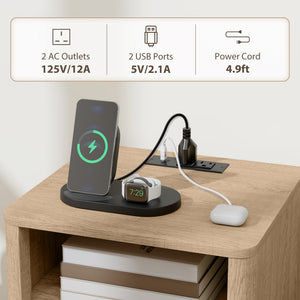 Ensemble de 2 tables de chevet modernes avec station de recharge, 2 tiroirs et une étagère ouverte, chêne