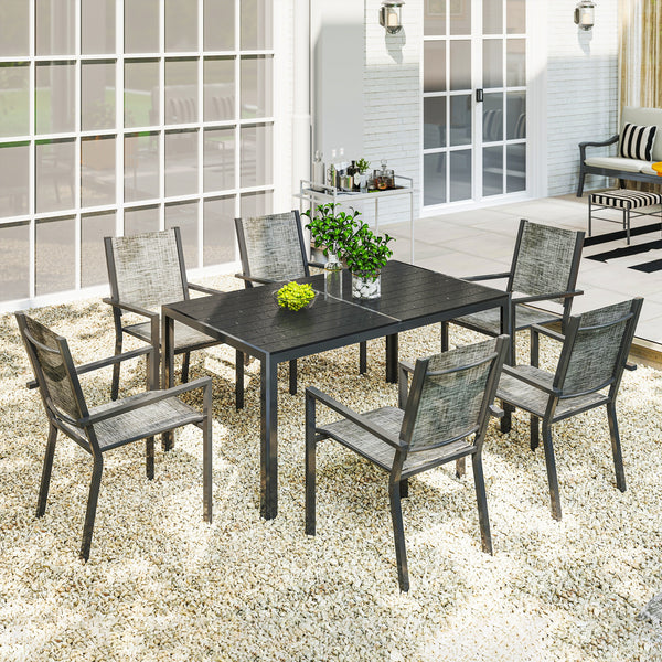 7 Piece Outdoor Dining Set with 6 Stackable Chairs, Rectangle Table, WPC Slatted Top, Rust-Resistant Steel Frame