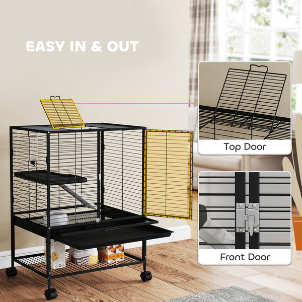 Rolling Cage for Small Animals with Removable Tray and Storage Shelf, Black