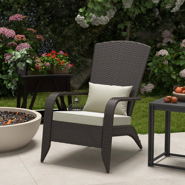 Chaise Adirondack en rotin avec coussins confortables couleur kaki, idéale pour patio extérieur

