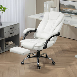 Chaise de bureau ergonomique blanche avec dossier haut, revêtement en cuir synthétique, accoudoirs rembourrés et repose-pieds rétractable pour un confort optimal à domicile ou au travail