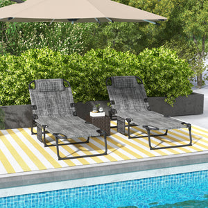 Lot de 2 chaises longues pliantes grises avec dossier réglable, coussin, appui-tête et poche latérale, parfaites pour bronzer sur une terrasse ou au bord de la piscine