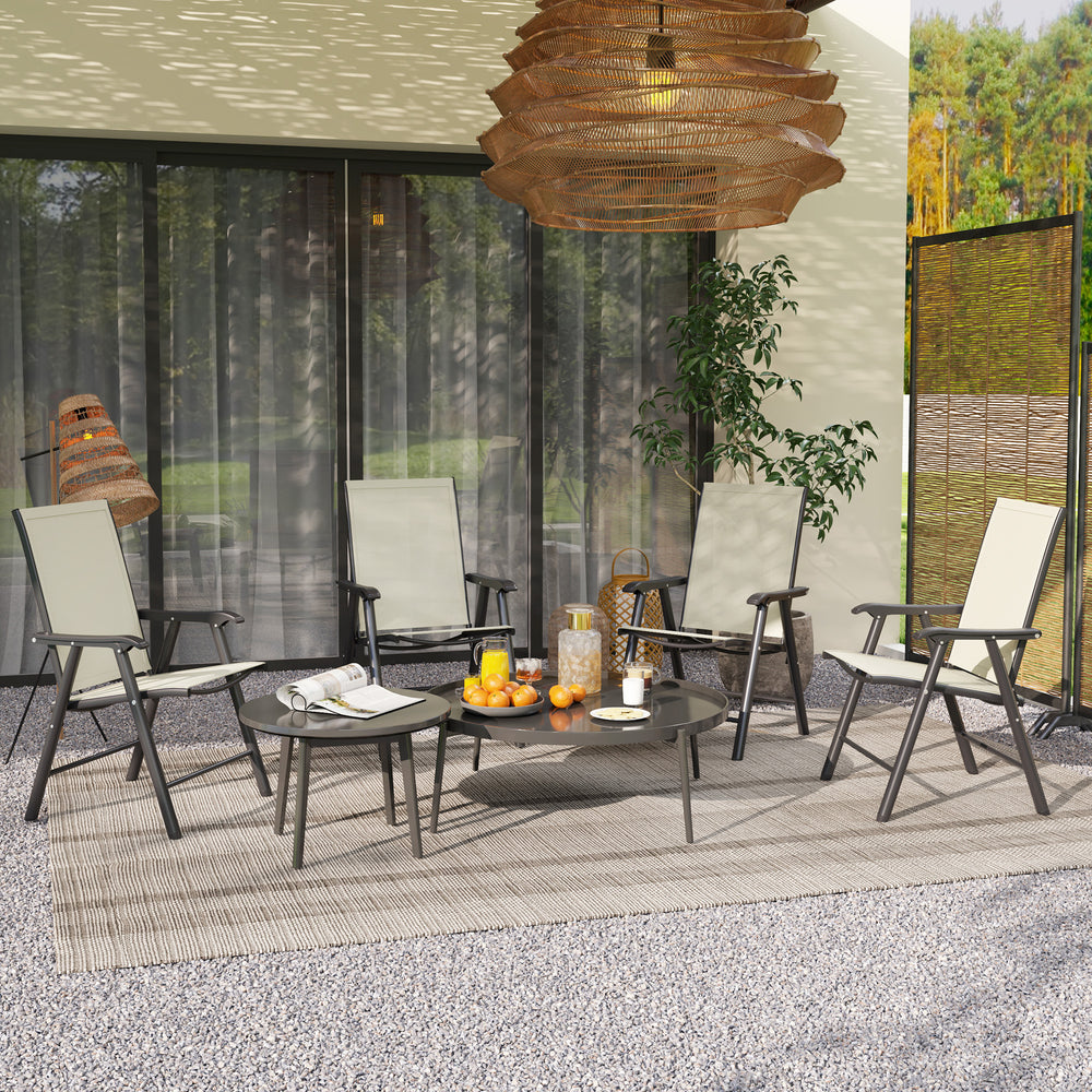 Ensemble de 4 chaises pliantes d’extérieur beiges avec accoudoirs, confortables et faciles à transporter, idéales pour jardin, camping ou terrasse