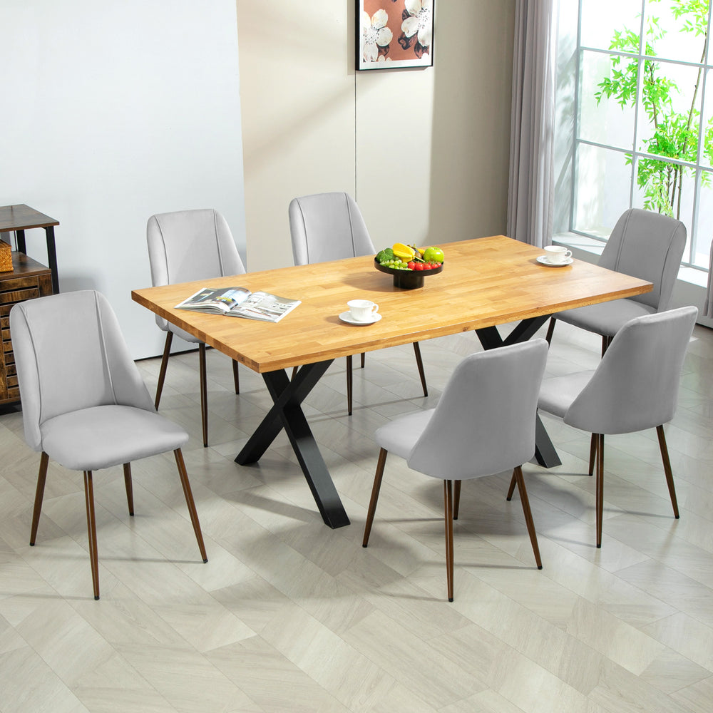 Lot de 6 chaises de salle à manger rembourrées en velours gris avec dossier incurvé et pieds en acier imitation bois, idéales pour une cuisine ou une salle à manger moderne et élégante