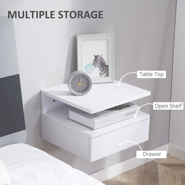Set of 2 floating bedside tables with drawer and shelf, white
