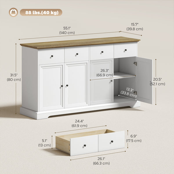 Buffet de cuisine de style campagnard de 55 pouces avec portes à fermeture douce, 2 tiroirs et 2 étagères réglables