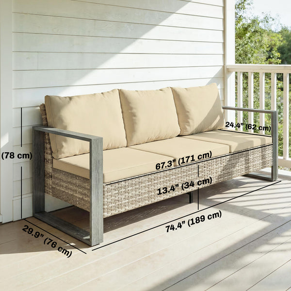 3-Seater Outdoor PE Wicker Sofa with Deep Seating, Wood-Look Aluminum Armrests, Cushions, Khaki